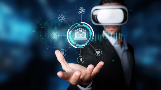 Businessman wearing VR headset interacting with digital financial icons and banking technology in futuristic virtual reality environment. Entropy.