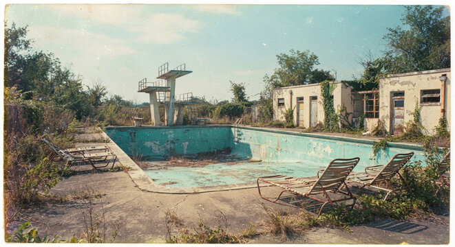 Abandoned outdoor swimming pool with empty diving boards and overgrown vegetation