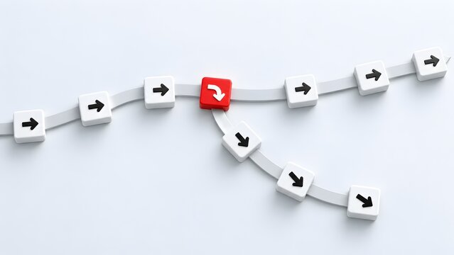 Business decision making concept showing a red arrow block diverging from the main path to create an alternative strategic route