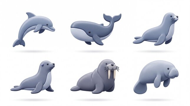 Set of Cute Gray Marine Animal Toys Including Dolphin Whale Seal Walrus and Dugong for Kids or Educational Use