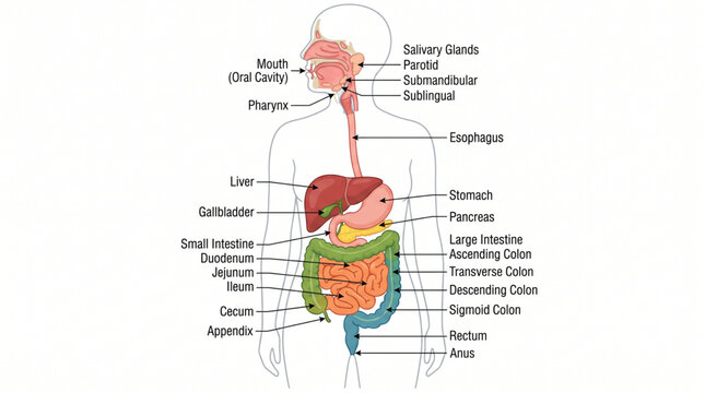Human digestive system anatomy inside body outline profile
