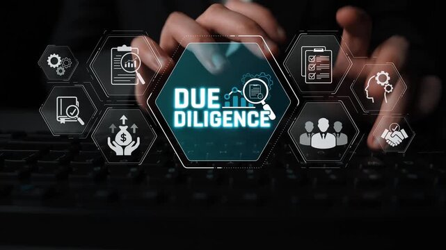 Hands on keyboard with technology icons highlighting due diligence process, analysis, finance, research, assessment, and risk management for business professionals Sigmoid