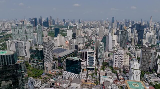 Panoramic view of the city center, main street, dense urban development, and shopping malls in Bangkok, Thailand. 27 April 2026