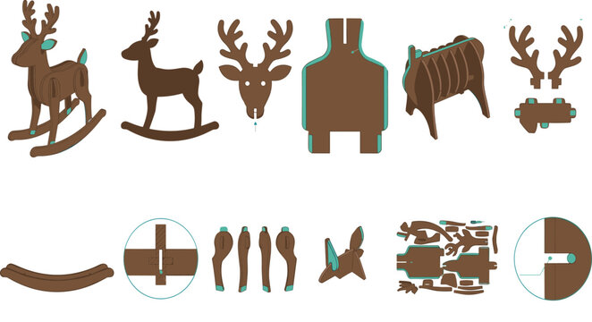 Vector blueprint scheme for laser cutting a wooden interlocking 3D rocking deer puzzle toy with flat assembly pieces templates and connectors