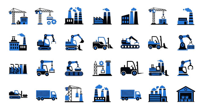 Set of industrial machinery and factory production icons isolated on a transparent background for professional engineering design projects