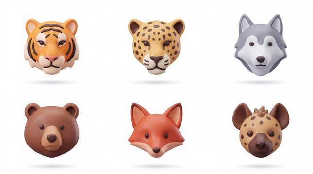 Set of Six Animal Face Icons in Cartoon Style Featuring Tiger Leopard Wolf Bear Fox and Hyena