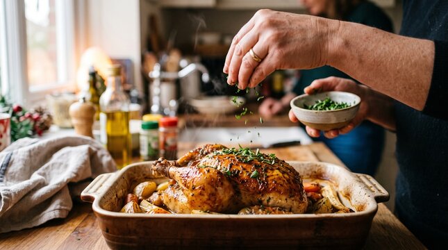 Close-up of a person seasoning a freshly roasted whole chicken with fresh herbs in a cozy home kitchen for a delicious holiday family dinner