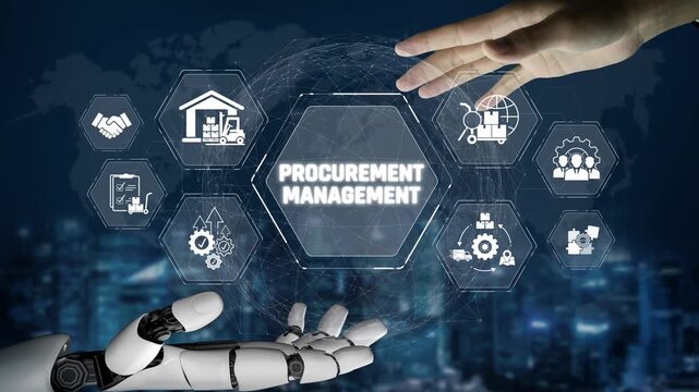 Robotic Hand Reaching for Procurement Management Interface Surrounded by Logistic Icons and Digital Elements in a Futuristic Setting Sigmoid