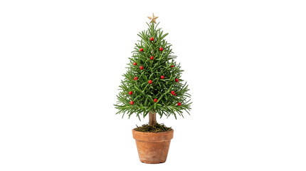 Fototapeta premium Mini Potted Rosemary Herb Shaped like Christmas Tree with Red Berries for Small Space Holiday Decoration