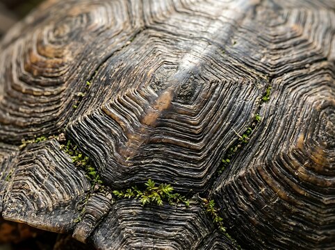 Close up macro shot of intricate rough textured dark brown tortoise carapace shell scutes with tiny green moss details for wildlife conservation concepts.