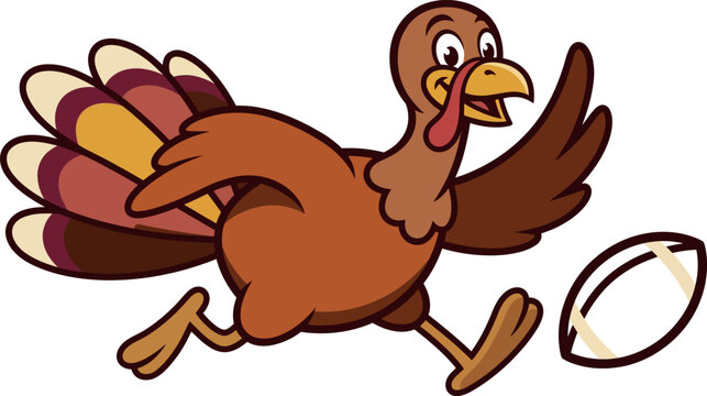 A cheerful cartoon turkey is happily running with an american football against a plain white background illustration