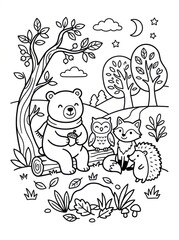 Fototapeta premium Woodland animals gather in a forest with a bear, owl, fox, and hedgehog. Trees, leaves, moon, stars, and clouds create a playful nature scene. Printable coloring page for children.