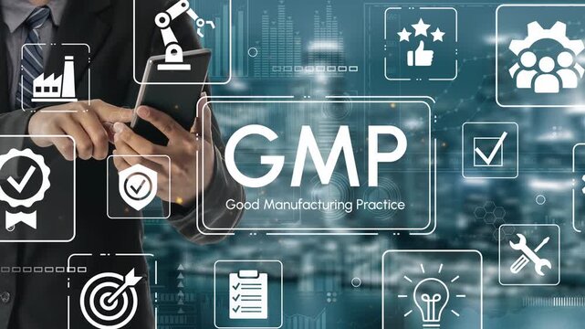 Innovative Businessman Holding Smartphone in Front of Digital Icons Emphasizing Good Manufacturing Practices and Modern Technology in Production. Entropy.