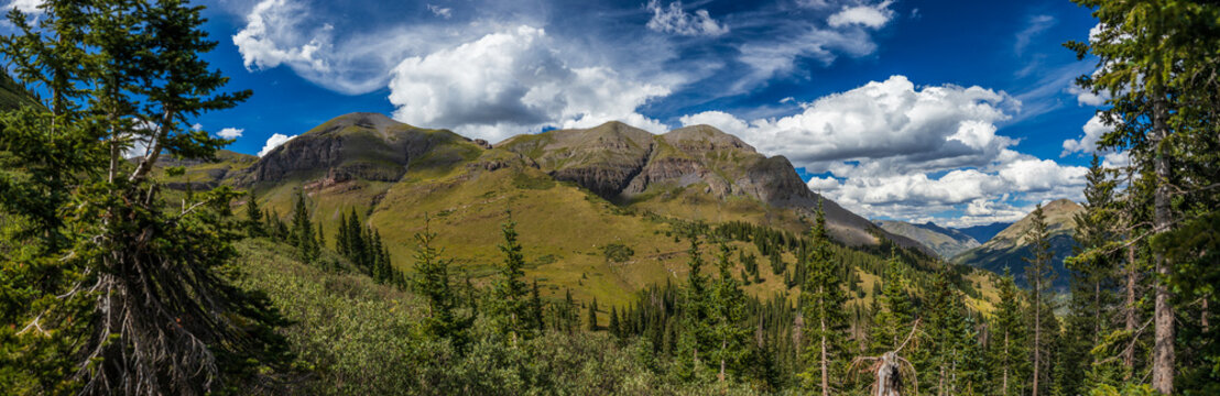 Mountain range from the alpine forest with dramatic clouds