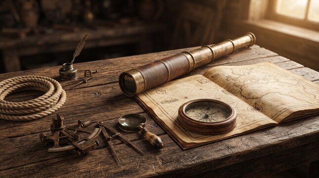 Vintage brass telescope on rustic wooden table, antique nautical map with compass and sextant, historical navigation tools for maritime exploration