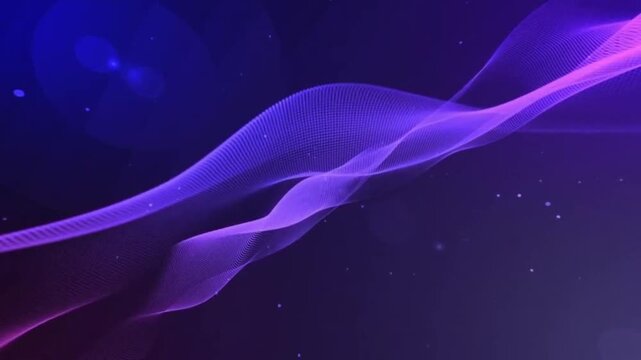Softly moving waves of digital particles in shades of purple and neon pink. Lens flare effects and tiny particles drifting against a dark blue background create a futuristic, elegant, and modern feel.