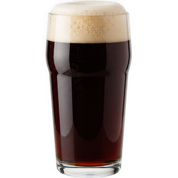 A glass of cold dark stout beer with thick foam head isolated on transparent background