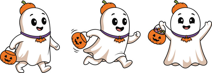 Fototapeta premium Cute ghost characters set holding pumpkin baskets in flat vector style for Halloween design