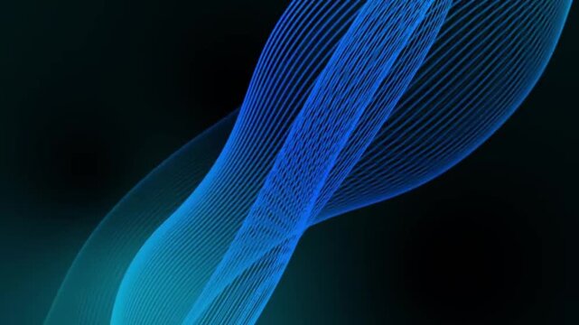 Wavy, fine lines in shades of neon blue and cyan. These lines move dynamically, curving and intersecting to form a modern ribbon-like pattern with a soft lighting effect against a dark background.