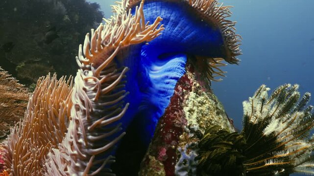Stunning underwater footage of a vibrant blue fish gracefully swimming near a sea anemone and colorful corals in the ocean