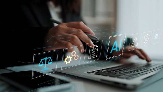 Woman Using Laptop with Digital Icons Representing Technology, Law, and Artificial Intelligence in Modern Office Environment. Entropy.