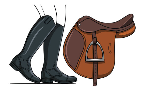 Equestrian, leather riding boots and saddle equipment, horseback riding gear, horse tack, outdoor sport, traditional craftsmanship, and vector design.