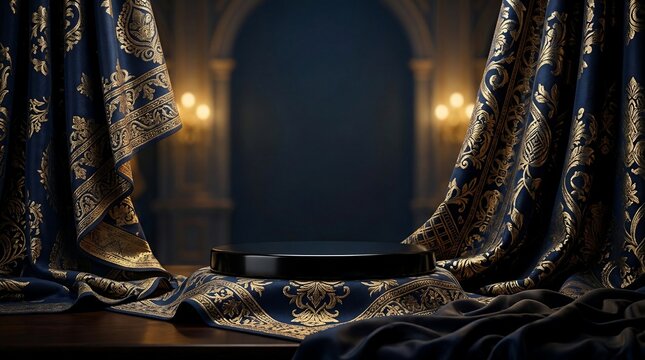 Elegant pedestal displayed amidst ornate drapes and soft lighting