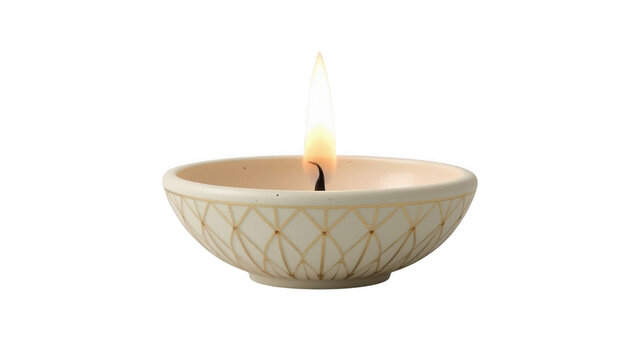 Ceramic candle holder with lit flame resting on a minimalist geometric background.