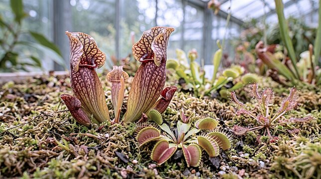 Pitcher plant towers over sundews and Venus flytraps in a greenhouse bog.