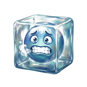 Charming Digital Painting of a Shivering Blue Emoji Trapped Inside a Clear Ice Cube