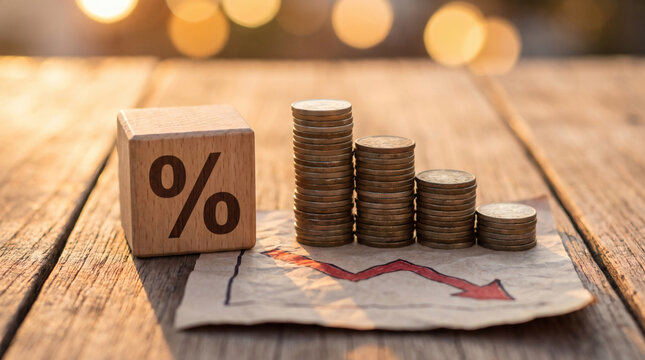 percentage sign on wooden cubes with coin stack bar chart and red downward graph trending down for economy recession crisis inflation and financial loss concept