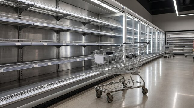 Empty supermarket shelves and shopping cart in a grocery store aisle