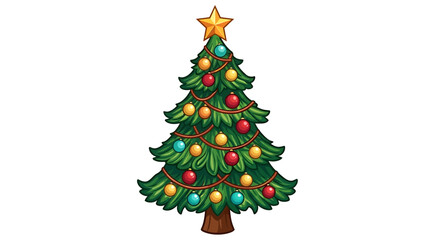 Naklejka premium Isolated image of Christmas tree. Holiday fir in flat cartoon style. Flat view of pine with star. Symbol of New Year