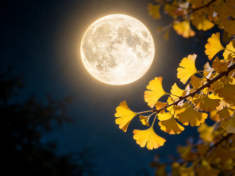 Full Moon and Golden Ginkgo Leaves in Autumn Night