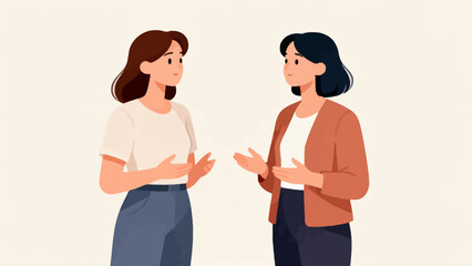 Obraz premium Two women converse animatedly, gesturing with hands. Their expressions show friendly engagement and mutual interest. Soft pastel colors give the scene a calm, approachable tone