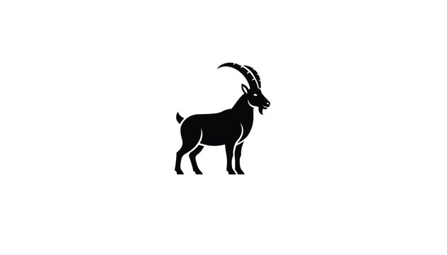 Silhouette of a majestic mountain goat with long curved horns standing gracefully against a plain white background.