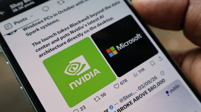Smartphone screen displaying Nvidia and Microsoft logos on social media post showing tech collaboration and AI news. Kolkata, West Bengal, India, September 11, 2026