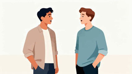 Fototapeta premium Two men stand facing each other, engaged in conversation. Their smiles suggest friendly, relaxed interaction. Casual attire implies informal or everyday setting. Ideal for scenes of teamwork