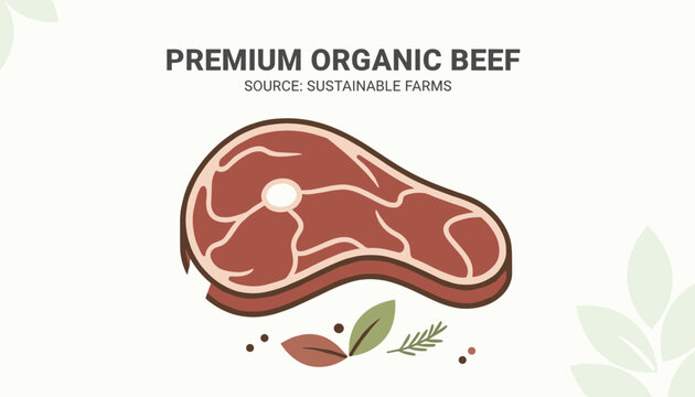 Premium Organic Beef horizontal banner with a vector graphic of a raw steak seasoned with fresh rosemary and spices.
