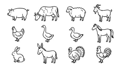 Fototapeta premium Black Hand Drawn Livestock Farm Animal Vector Icon Collection