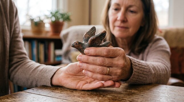 An older woman gazes thoughtfully at a small bird sculpture held in someone's hands on a wooden table indoors.
