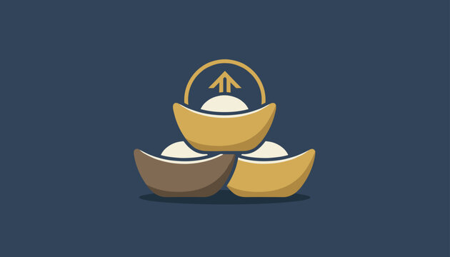 Chinese gold sycee ingots stacked neatly in front of a dark blue background with a growth arrow pointing up.