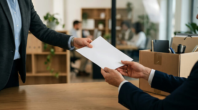 Close up of employee handing resignation letter to boss with a box of stuff