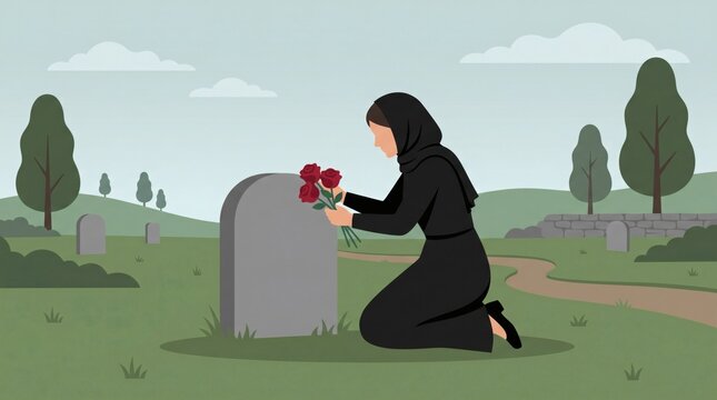 Woman in hijab places flowers at a gravestone in a cemetery.