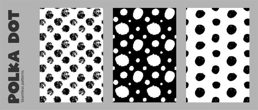 Black and white funky polka dot seamless pattern with uneven spots, playful dots and random hand-drawn marks for fashion, textile, paper, kids products and decoration.