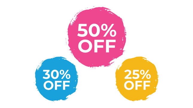 Colorful discount circle labels featuring fifty percent thirty percent and twenty-five percent off text in modern vector graphic style