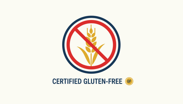 Certified gluten free certification label featuring a crossed out wheat stalk in a red circular border.