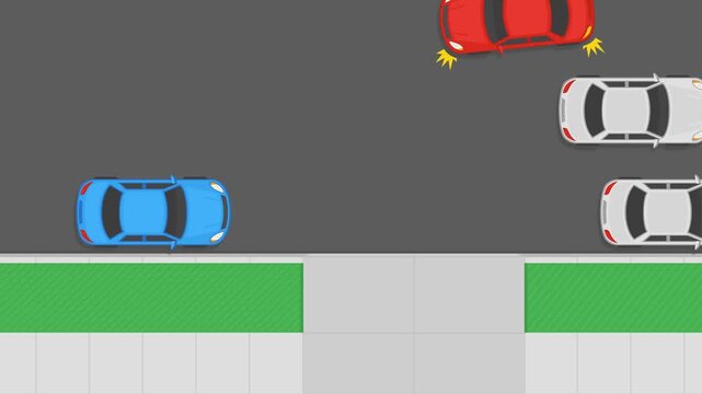 Flat vector animation (top-down) showing a traffic safety. A red car with blinking indicator lights stops on the road to yield to oncoming traffic before executing a left turn to enter a driveway.