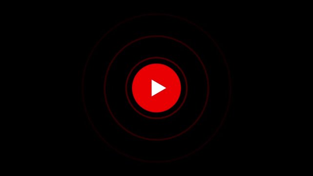Red play button icon with concentric audio waves pulsing on black background
