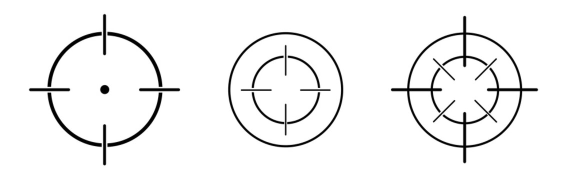 Aim or target cross symbol in circle. Illustration of weapon sign of sniper or sharpshooter. Aiming bullseye in flat design in outline style. Optical game weapon.